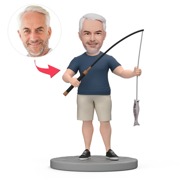 Grandfather Hold Fishing Rod Custom Bobblehead with Engraved Text