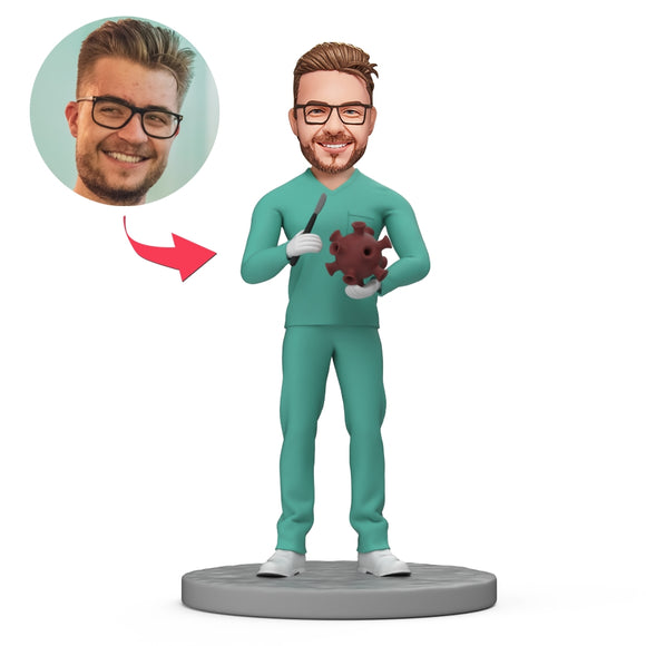 Male Doctor Hold Bacteria Custom Bobblehead with Engraved Text