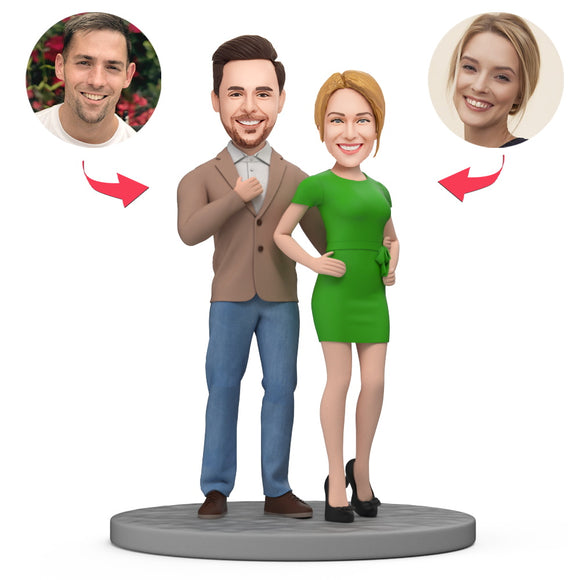 Valentine Gift Custom Bobblehead Woman in Green Dress Hugged by Her Man