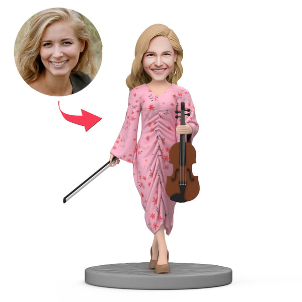 Custom Bobbleheads Woman Wear Pink Dress Hold Violin with Engraved Text