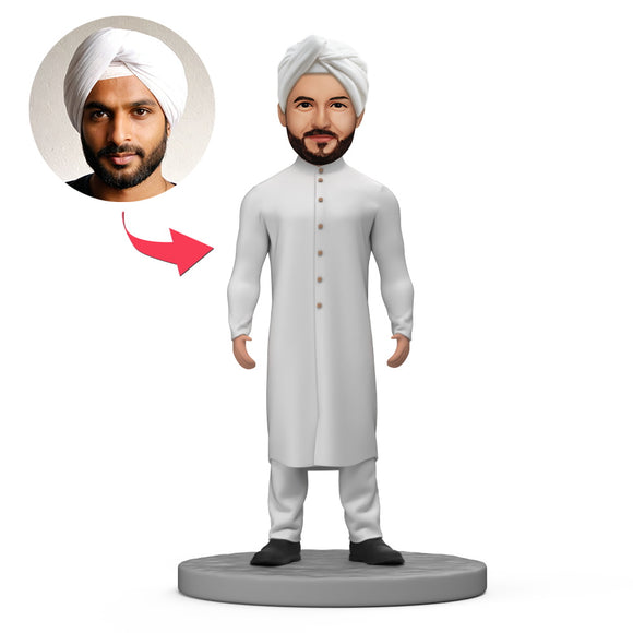 Male Indian Wear White Turban Custom Bobblehead with Engraved Text