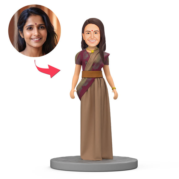 Indian Woman Wear Brown Dress Custom Bobblehead with Engraved Text