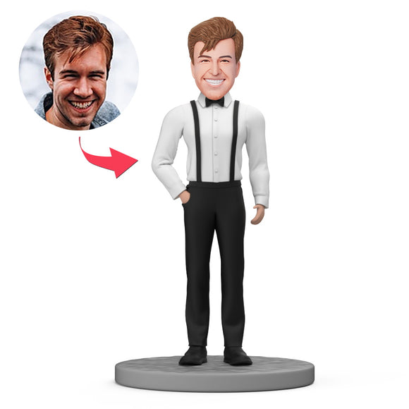 Groomsmen wear White Shirts and Black Suspenders Custom Bobblehead with Engraved Text