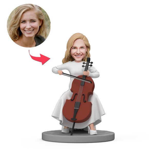 Cello Lady Wear White Dress Custom Bobblehead with Engraved Text