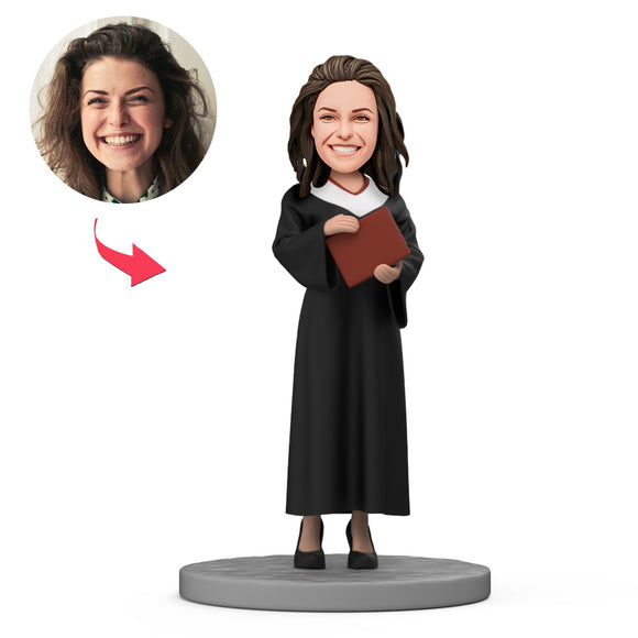 Female Lawyer Wear Judge Robe Hold Red Book Custom Bobblehead with Engraved Text
