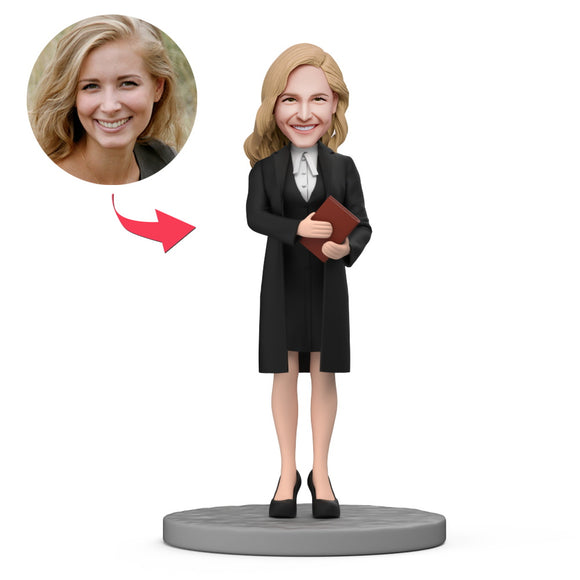 Female Lawyer Wear Black Suit Hold Book in Hand Custom Bobblehead with Engraved Text