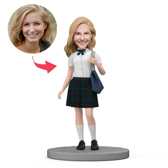 Female JK Wear White Shirt and Plaid skirt Custom Bobblehead with Engraved Text