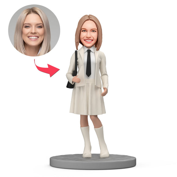 Female Student Wear White Suit Custom Bobblehead with Engraved Text