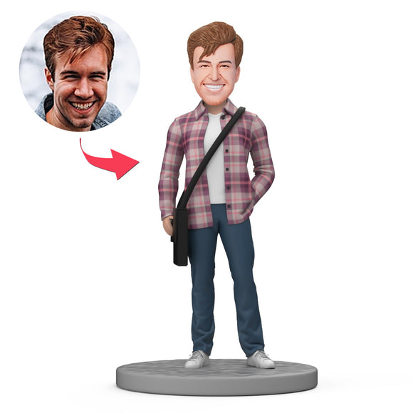 Male Student Carry Bag and Wear Purple Plaid Shirt Custom Bobblehead with Engraved Text