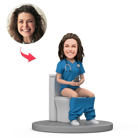 Female Doctor Sit on the toilet Custom Bobblehead with Engraved Text