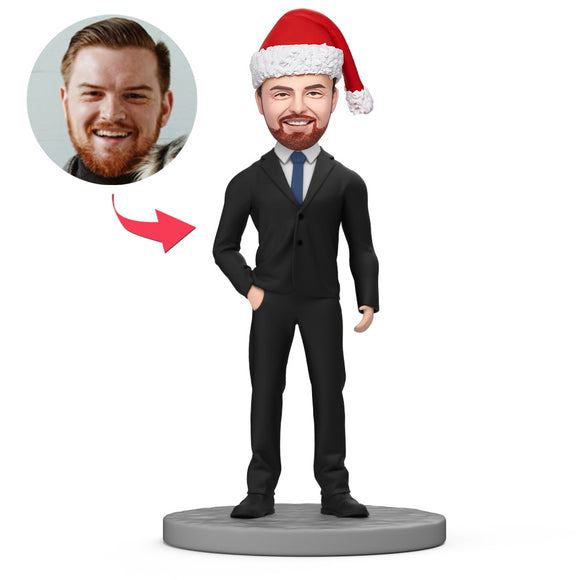 Business Man Wear Christmas Hat Custom Bobblehead with Engraved Text