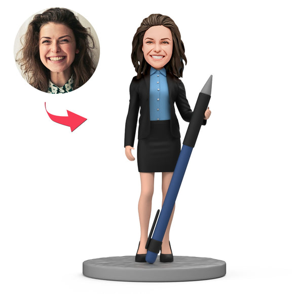 Business Female Hold Pencil Custom Bobblehead with Engraved Text