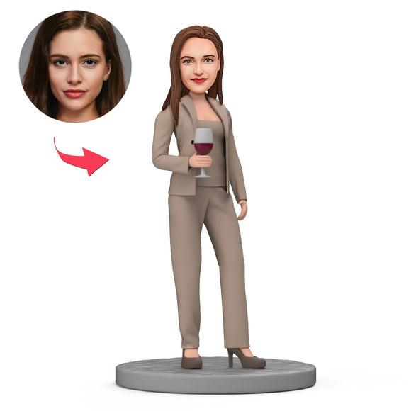 Business Female Hold Wine Custom Bobblehead with Engraved Text