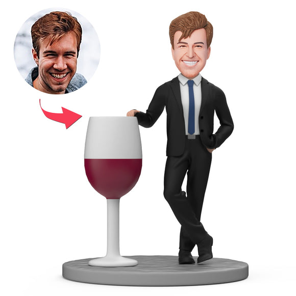 Male Boss with Red Wine Custom Bobblehead with Engraved Text