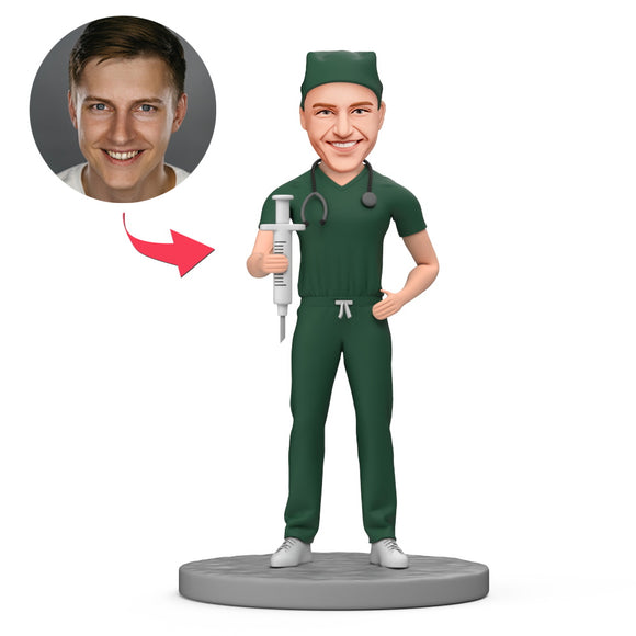 Male Doctor Hold Needle Custom Bobblehead with Engraved Text