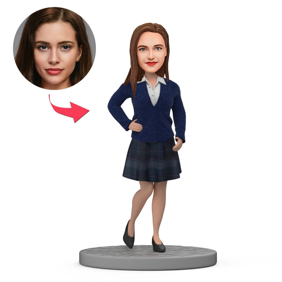 Schoolgirl in School Uniform Custom Bobblehead With Text