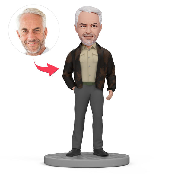 Custom Wearing Shirt & Jacket Retro Old Man Bobblehead With Text