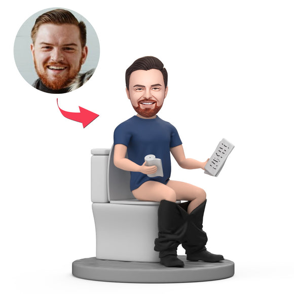 Male Boss Sit on the Toilet Hold Book Custom Bobblehead with Engraved Text